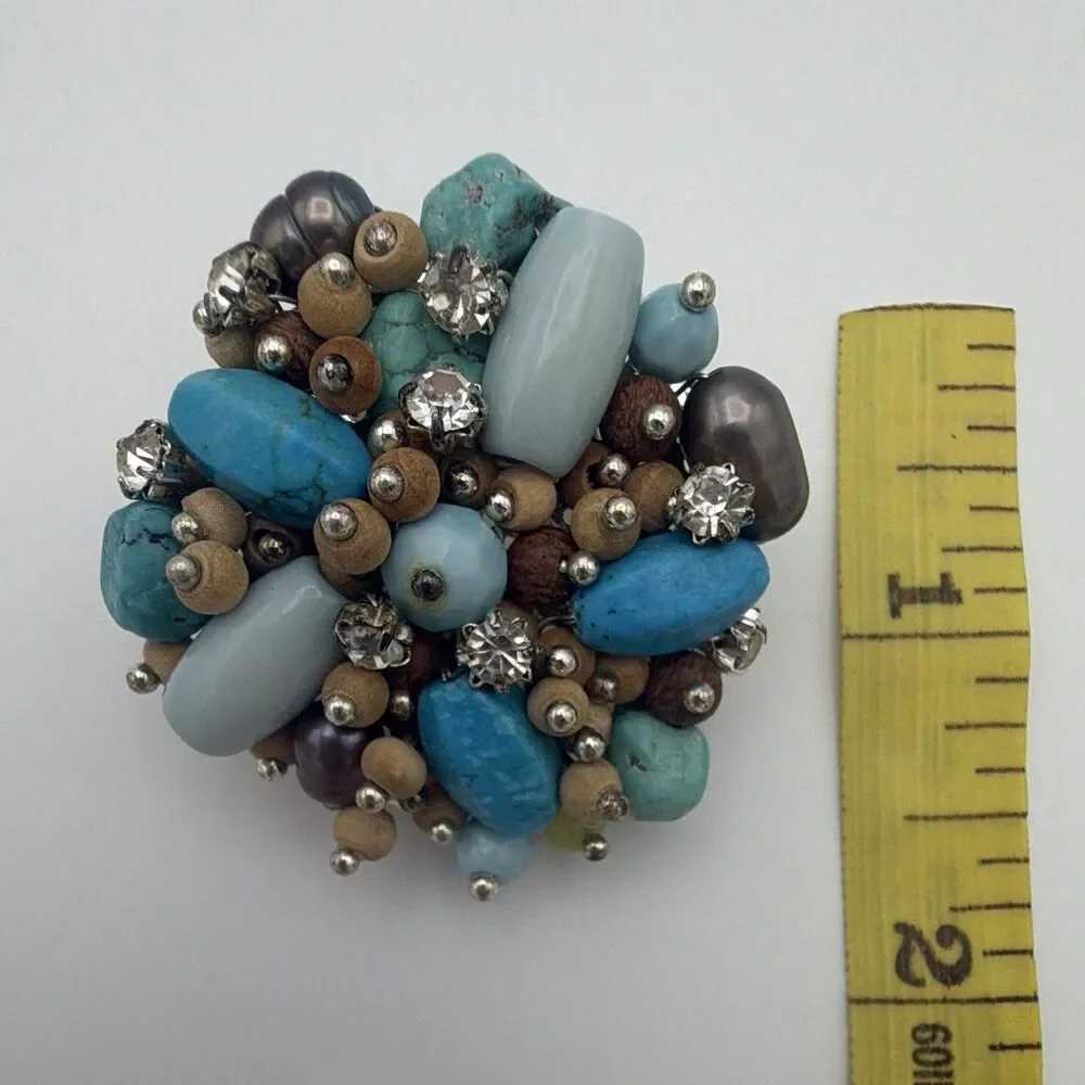 Silver Tone Blue Oval Stone & Rhinestone Round Cluster Brooch Pin 1.75 in